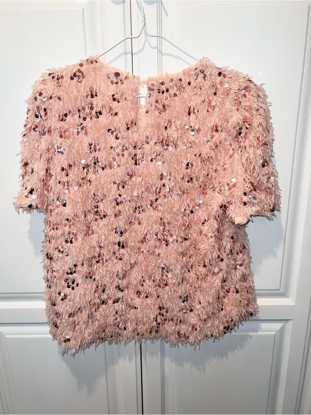 THML Pink Sequin Fringe Feather Textured Party Top Blouse Large - Picture 4 of 9